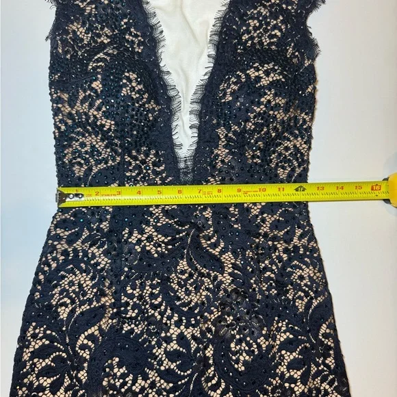 Navy Blue Evening Gown Nude Lining with Lace Overtop Beaded Plunging Neckline - Picture 13 of 16